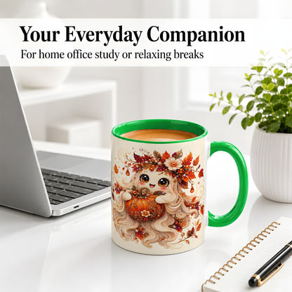 #pl[11oz|Green] Autumn Ghost Accent Mug, Ceramic Mug with Jeweled Pumpkin Artwork