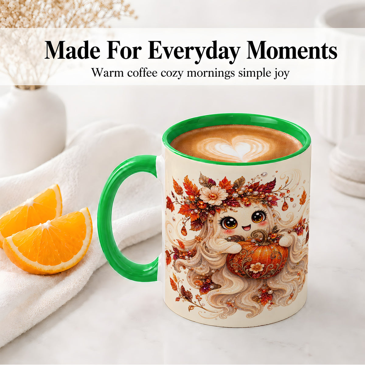 #pl[11oz|Green] Autumn Ghost Accent Mug, Ceramic Mug with Jeweled Pumpkin Artwork