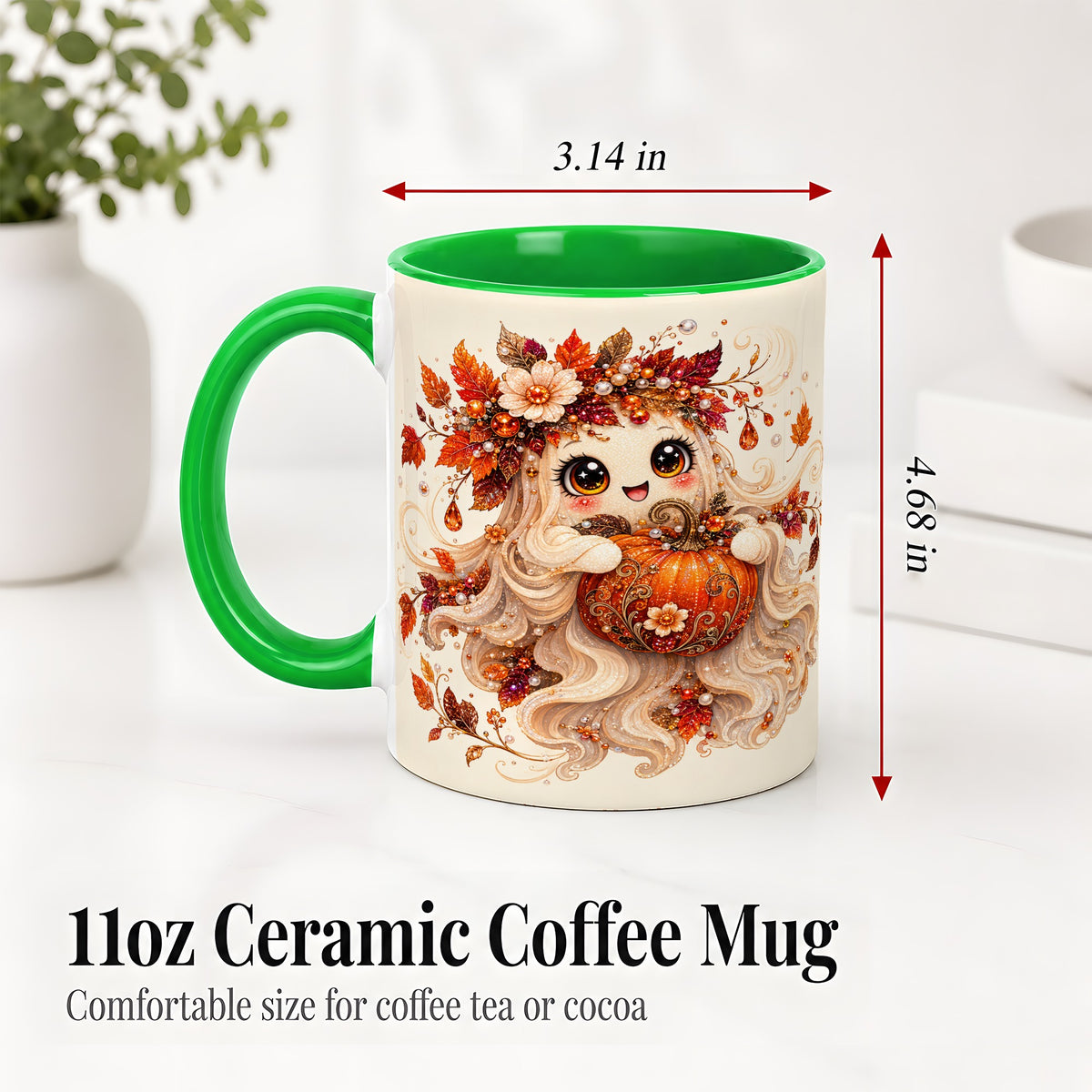 #pl[11oz|Green] Autumn Ghost Accent Mug, Ceramic Mug with Jeweled Pumpkin Artwork