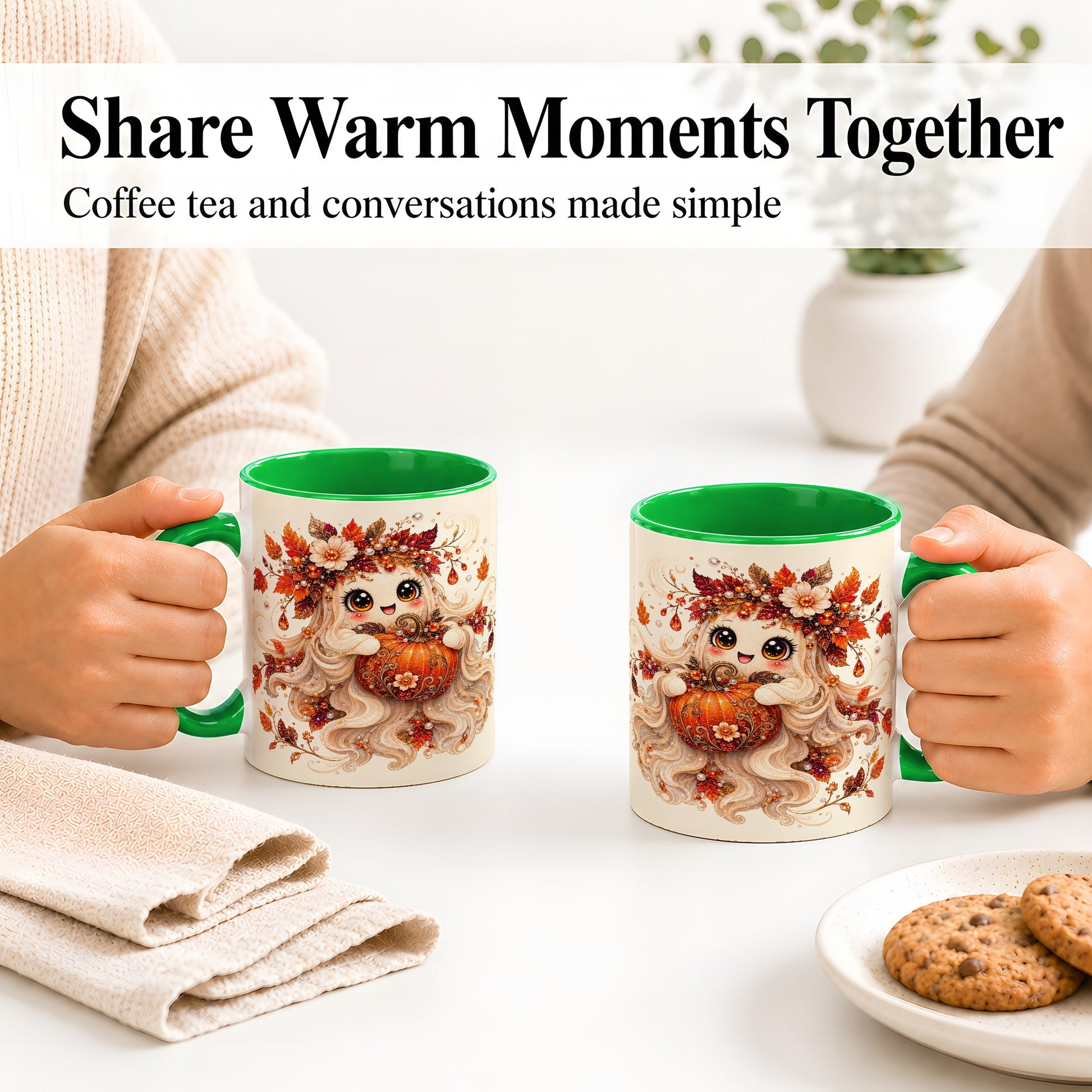 #pl[11oz|Green] Autumn Ghost Accent Mug, Ceramic Mug with Jeweled Pumpkin Artwork