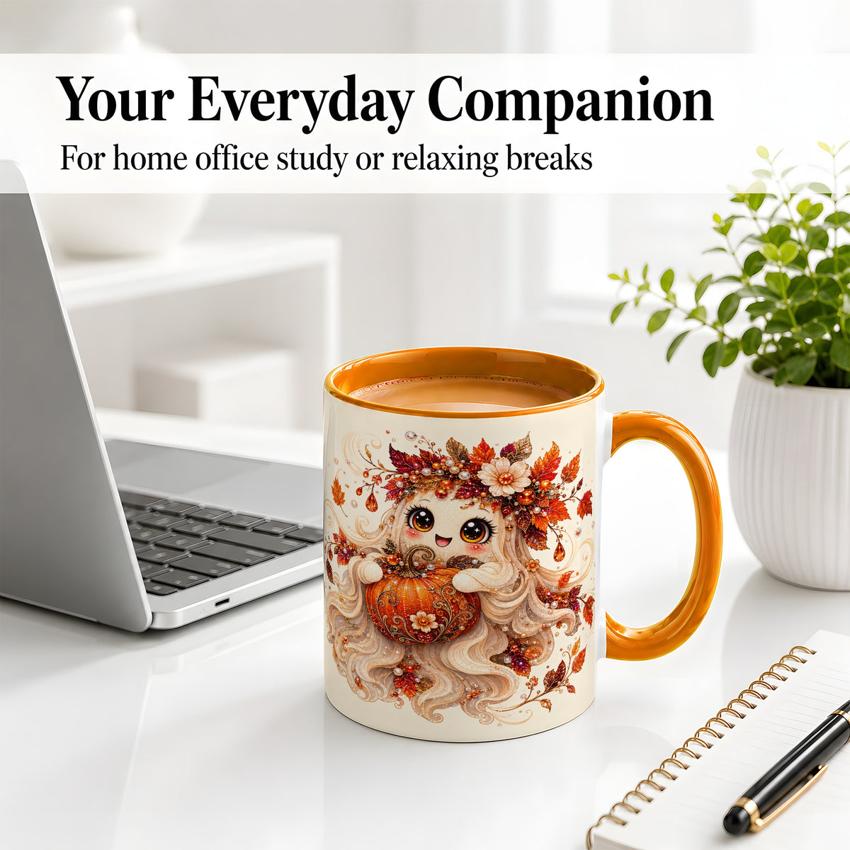 #pl[11oz|Orange] Autumn Ghost Accent Mug, Ceramic Mug with Jeweled Pumpkin Artwork