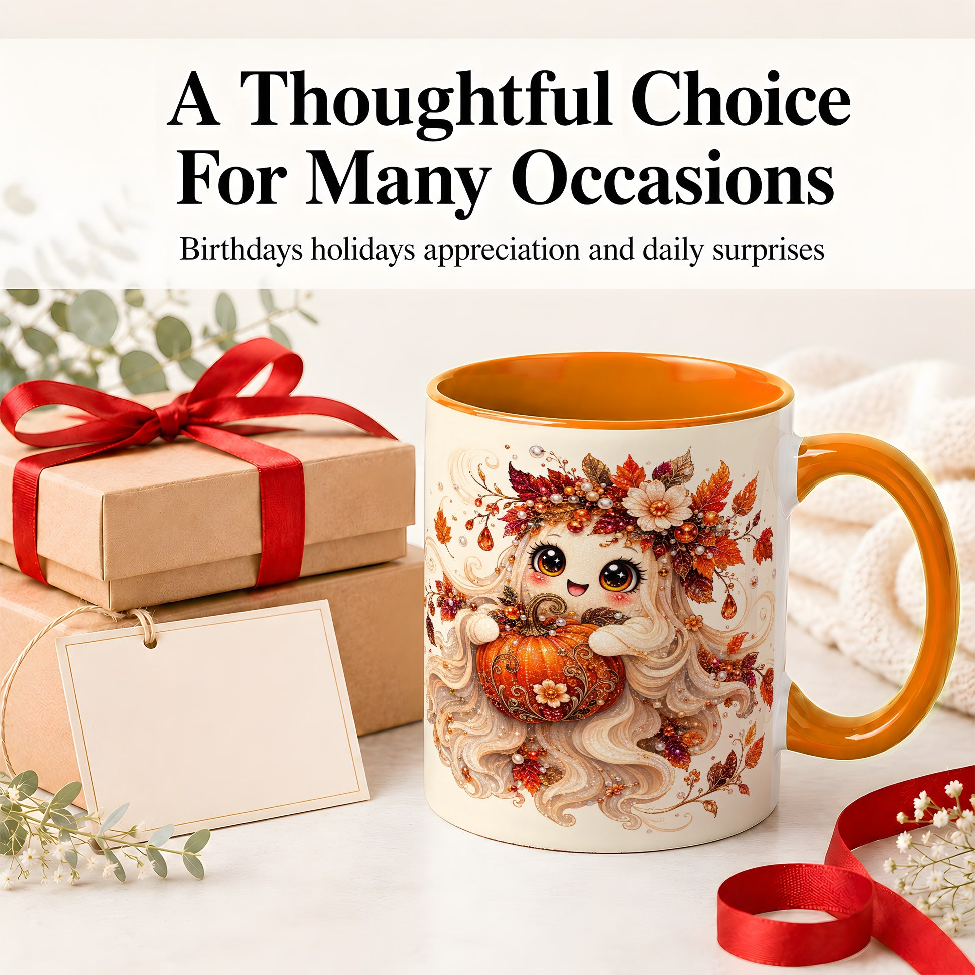 #pl[11oz|Orange] Autumn Ghost Accent Mug, Ceramic Mug with Jeweled Pumpkin Artwork