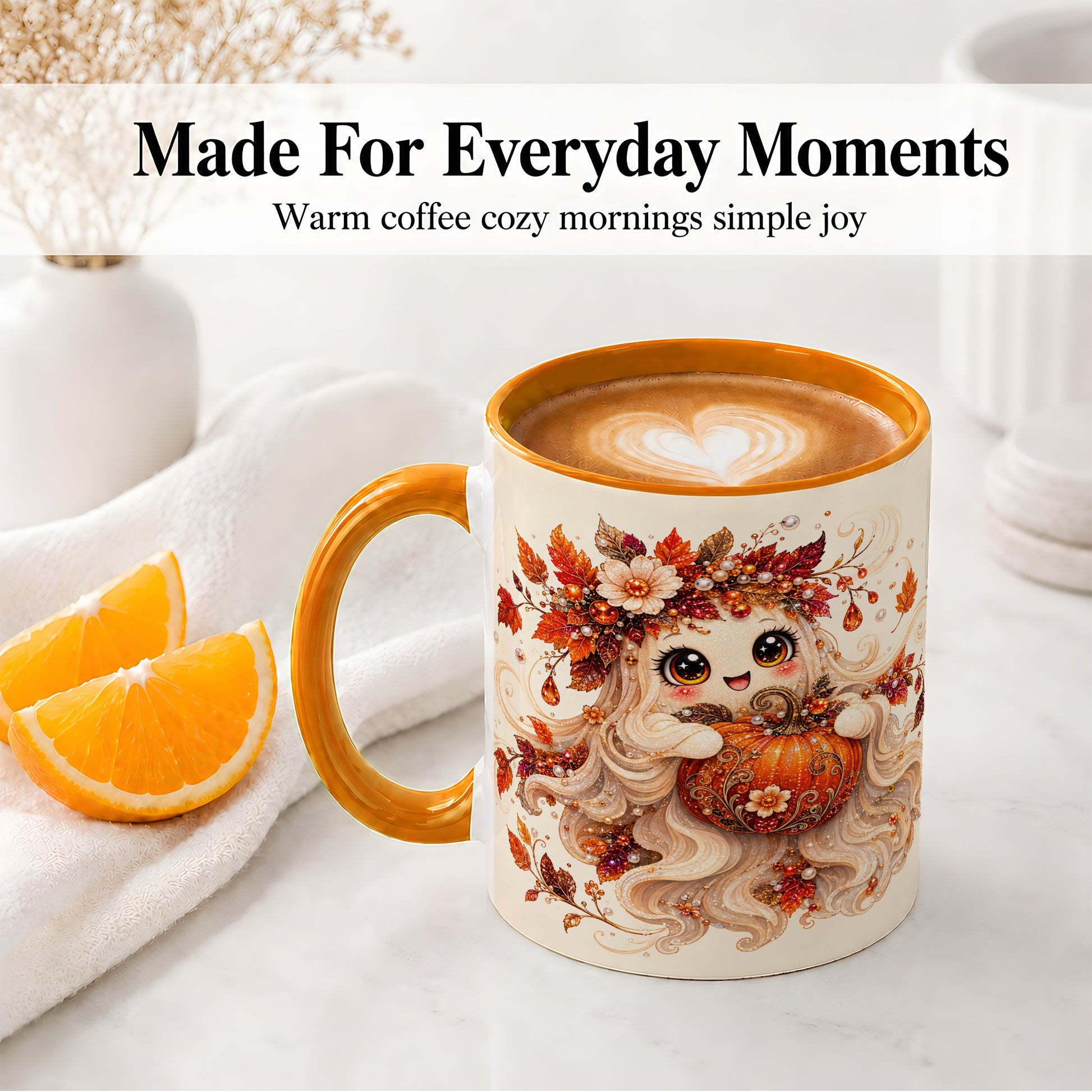 #pl[11oz|Orange] Autumn Ghost Accent Mug, Ceramic Mug with Jeweled Pumpkin Artwork