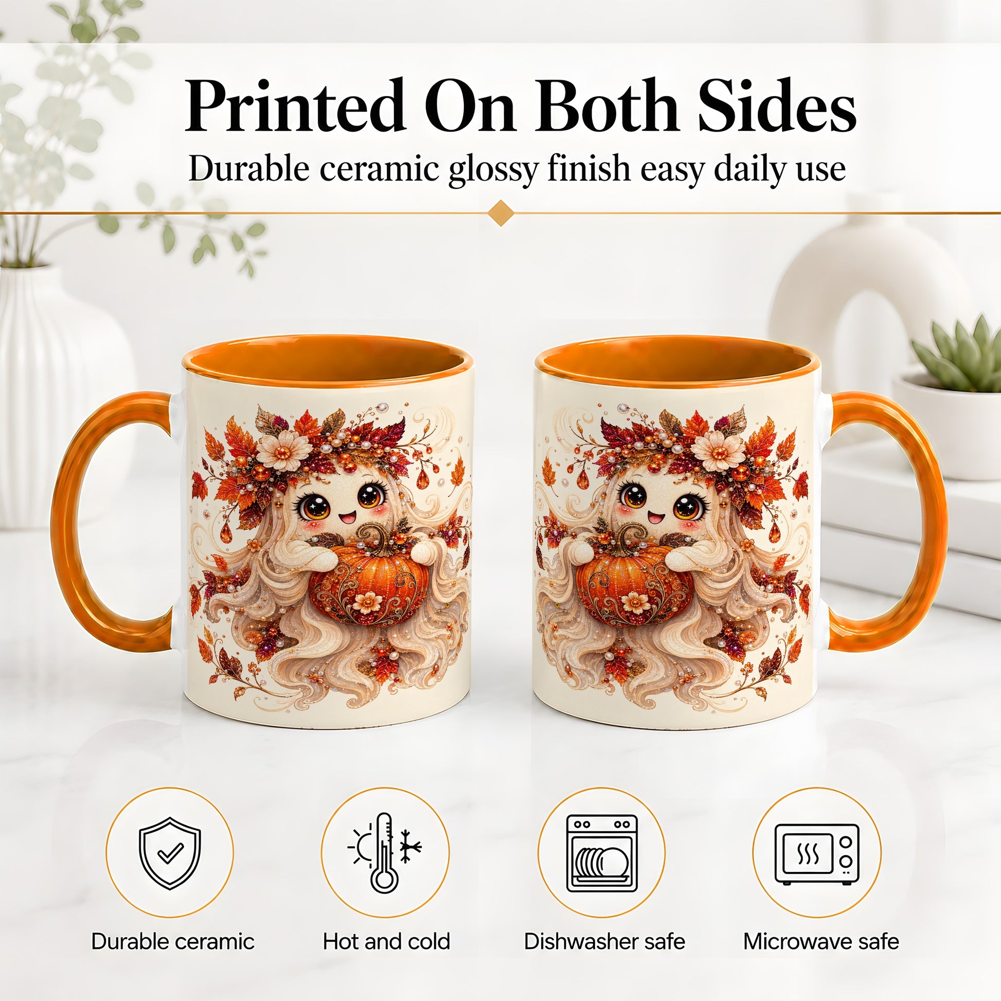 #pl[11oz|Orange] Autumn Ghost Accent Mug, Ceramic Mug with Jeweled Pumpkin Artwork