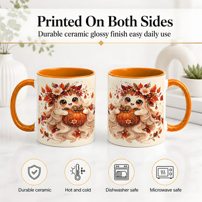 #pl[11oz|Orange] Autumn Ghost Accent Mug, Ceramic Mug with Jeweled Pumpkin Artwork