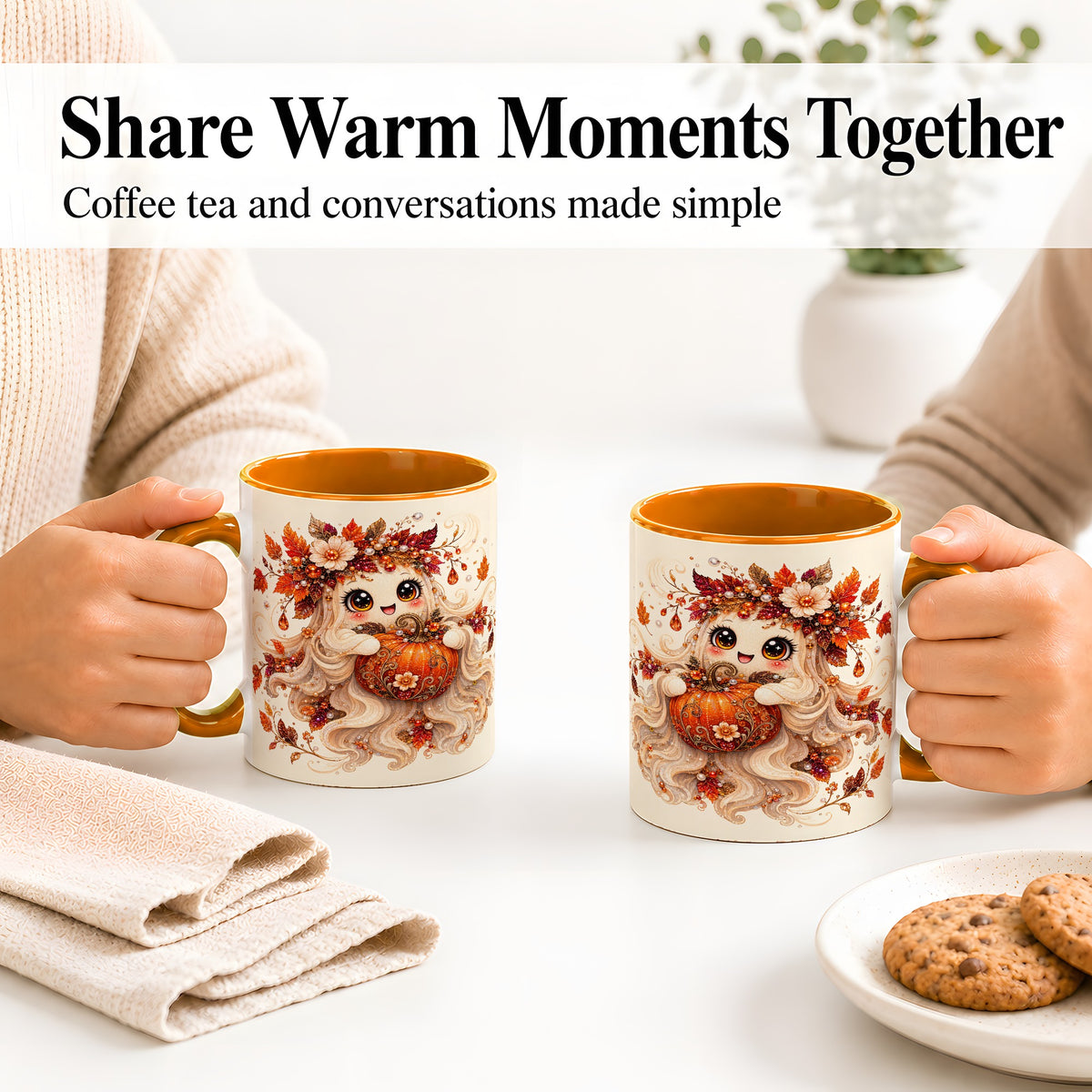 #pl[11oz|Orange] Autumn Ghost Accent Mug, Ceramic Mug with Jeweled Pumpkin Artwork