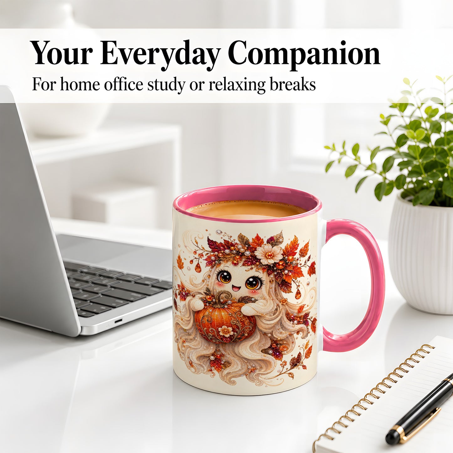 #pl[11oz|Pink] Autumn Ghost Accent Mug, Ceramic Mug with Jeweled Pumpkin Artwork