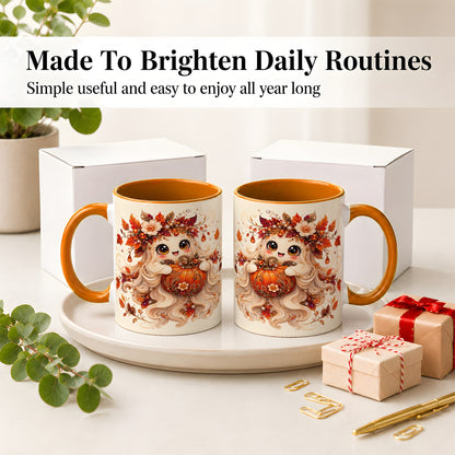 #pl[11oz|Orange] Autumn Ghost Accent Mug, Ceramic Mug with Jeweled Pumpkin Artwork