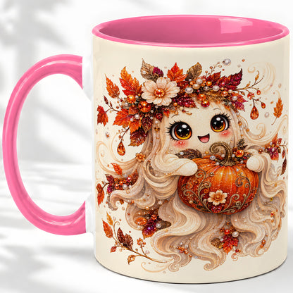 #pl[11oz|Pink] Autumn Ghost Accent Mug, Ceramic Mug with Jeweled Pumpkin Artwork