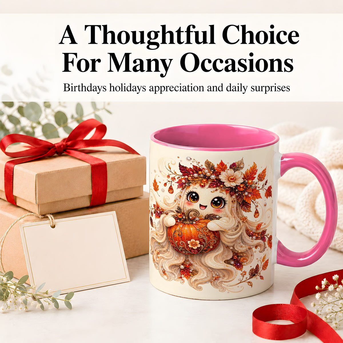 #pl[11oz|Pink] Autumn Ghost Accent Mug, Ceramic Mug with Jeweled Pumpkin Artwork