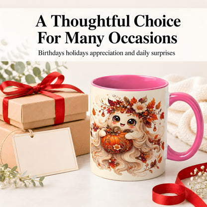 #pl[11oz|Pink] Autumn Ghost Accent Mug, Ceramic Mug with Jeweled Pumpkin Artwork