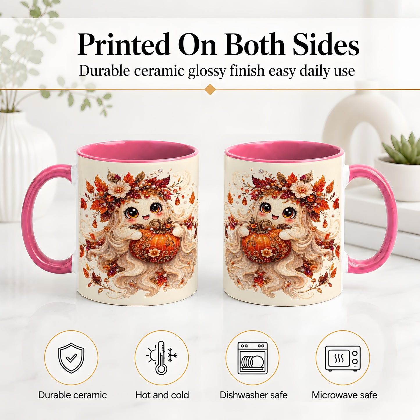 #pl[11oz|Pink] Autumn Ghost Accent Mug, Ceramic Mug with Jeweled Pumpkin Artwork