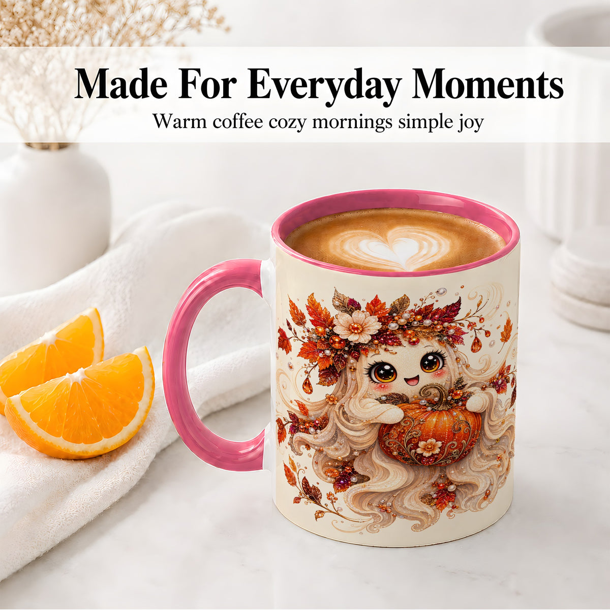 #pl[11oz|Pink] Autumn Ghost Accent Mug, Ceramic Mug with Jeweled Pumpkin Artwork