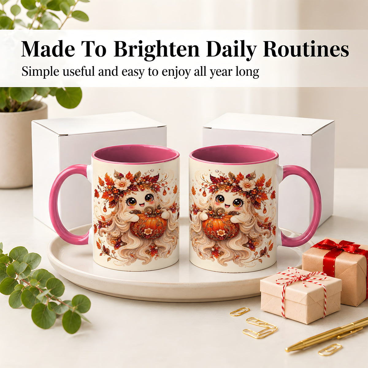 #pl[11oz|Pink] Autumn Ghost Accent Mug, Ceramic Mug with Jeweled Pumpkin Artwork