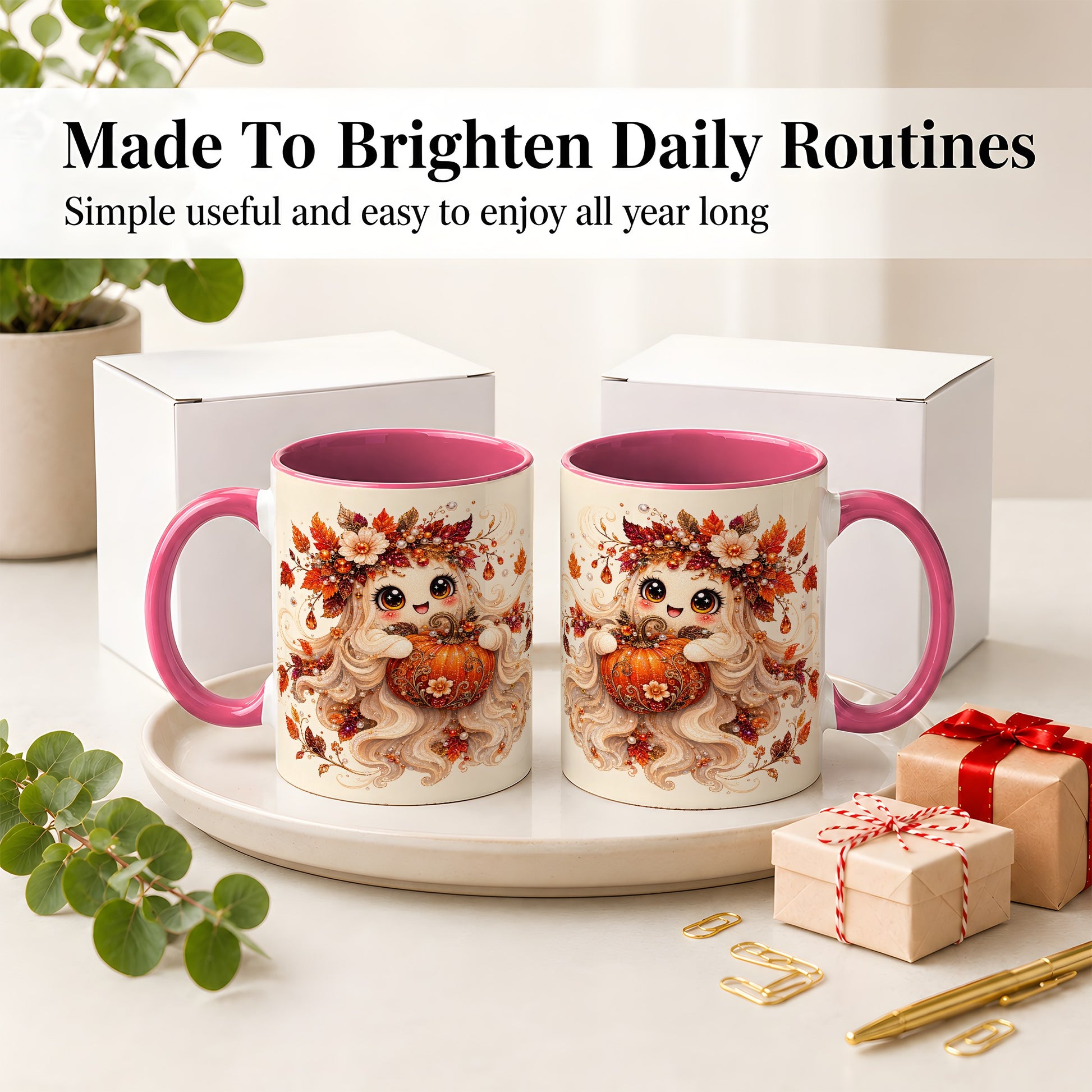 #pl[11oz|Pink] Autumn Ghost Accent Mug, Ceramic Mug with Jeweled Pumpkin Artwork