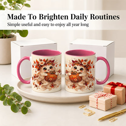 #pl[11oz|Pink] Autumn Ghost Accent Mug, Ceramic Mug with Jeweled Pumpkin Artwork