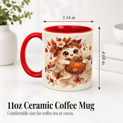 #pl[11oz|Red] Autumn Ghost Accent Mug, Ceramic Mug with Jeweled Pumpkin Artwork