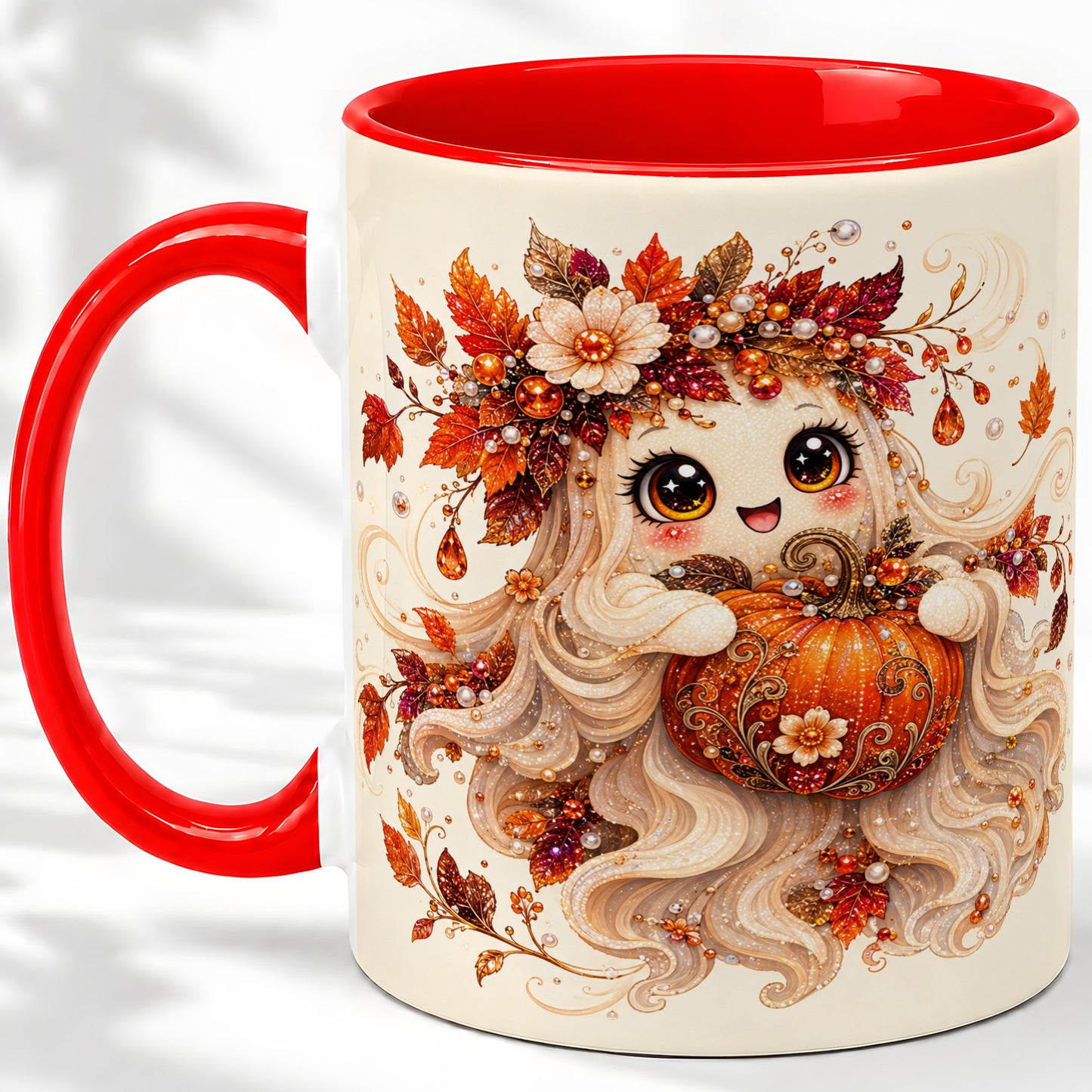 Autumn Ghost Accent Mug, Ceramic Mug with Jeweled Pumpkin Artwork