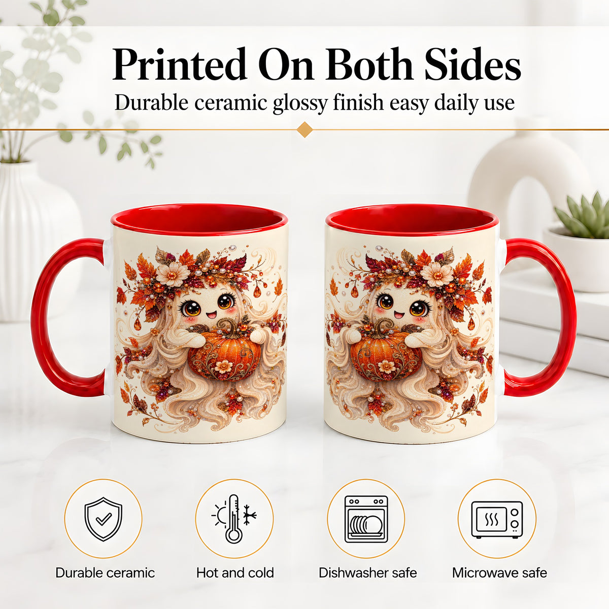 #pl[11oz|Red] Autumn Ghost Accent Mug, Ceramic Mug with Jeweled Pumpkin Artwork