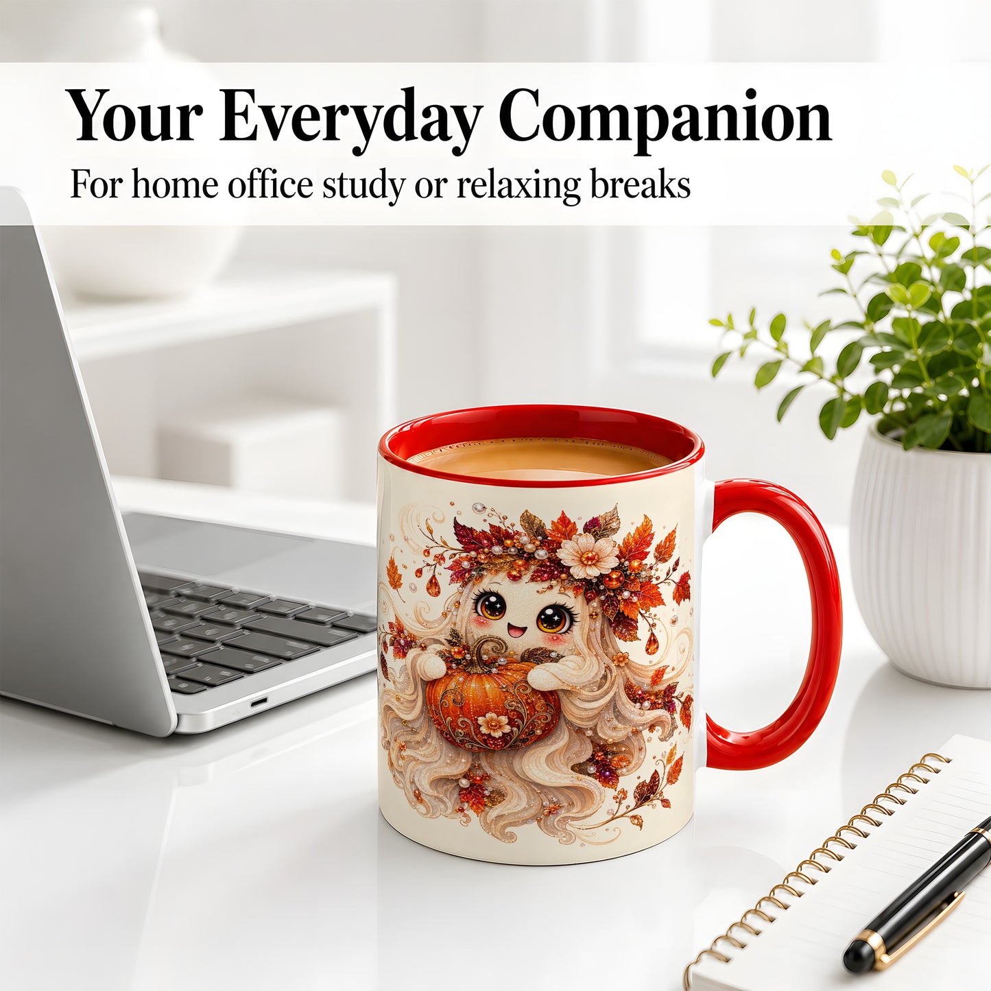 #pl[11oz|Red] Autumn Ghost Accent Mug, Ceramic Mug with Jeweled Pumpkin Artwork