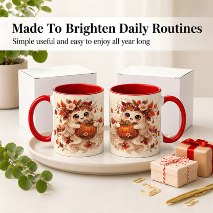 #pl[11oz|Red] Autumn Ghost Accent Mug, Ceramic Mug with Jeweled Pumpkin Artwork