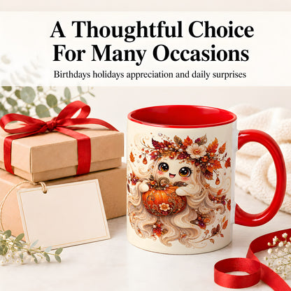 #pl[11oz|Red] Autumn Ghost Accent Mug, Ceramic Mug with Jeweled Pumpkin Artwork