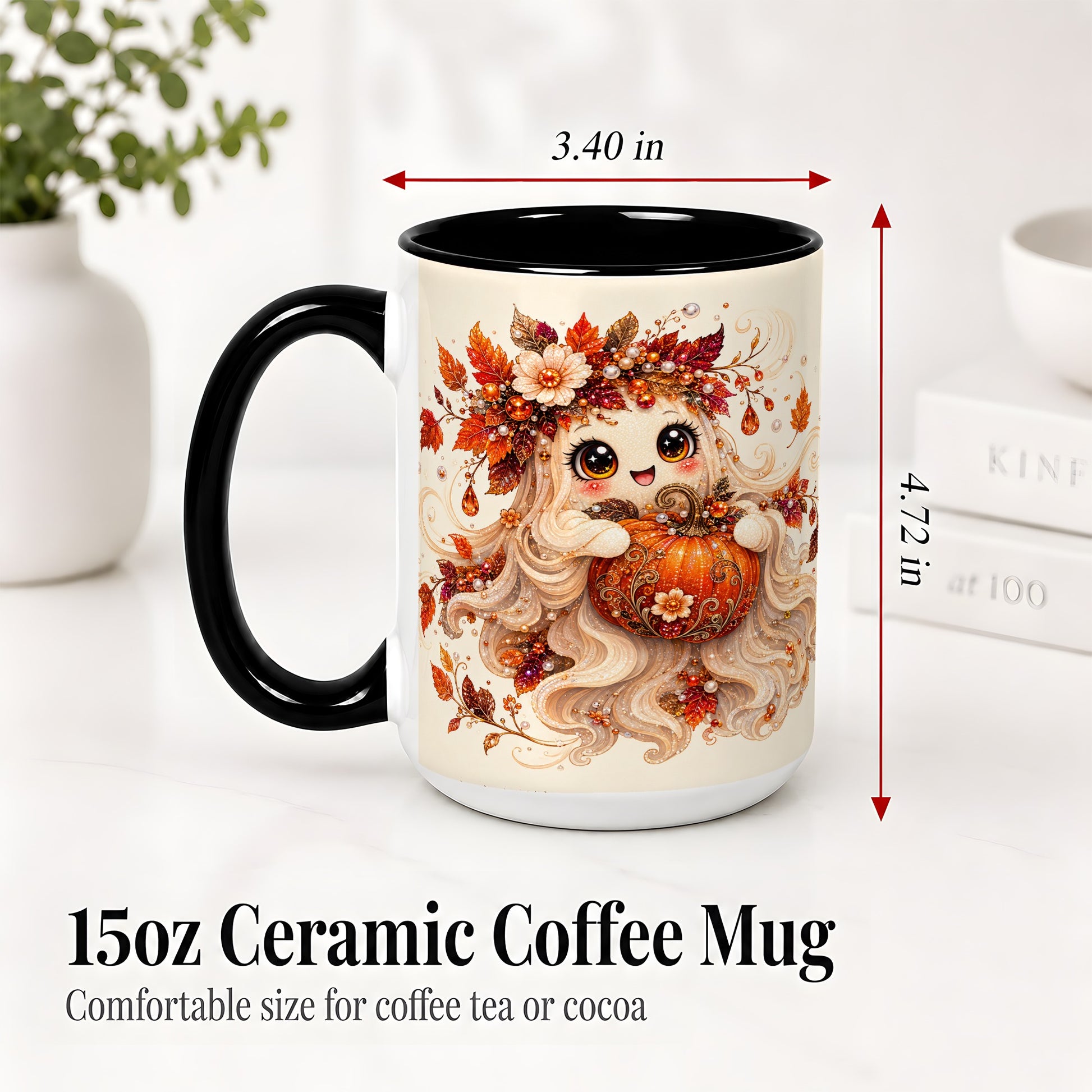 #pl[15oz|Black] Autumn Ghost Accent Mug, Ceramic Mug with Jeweled Pumpkin Artwork