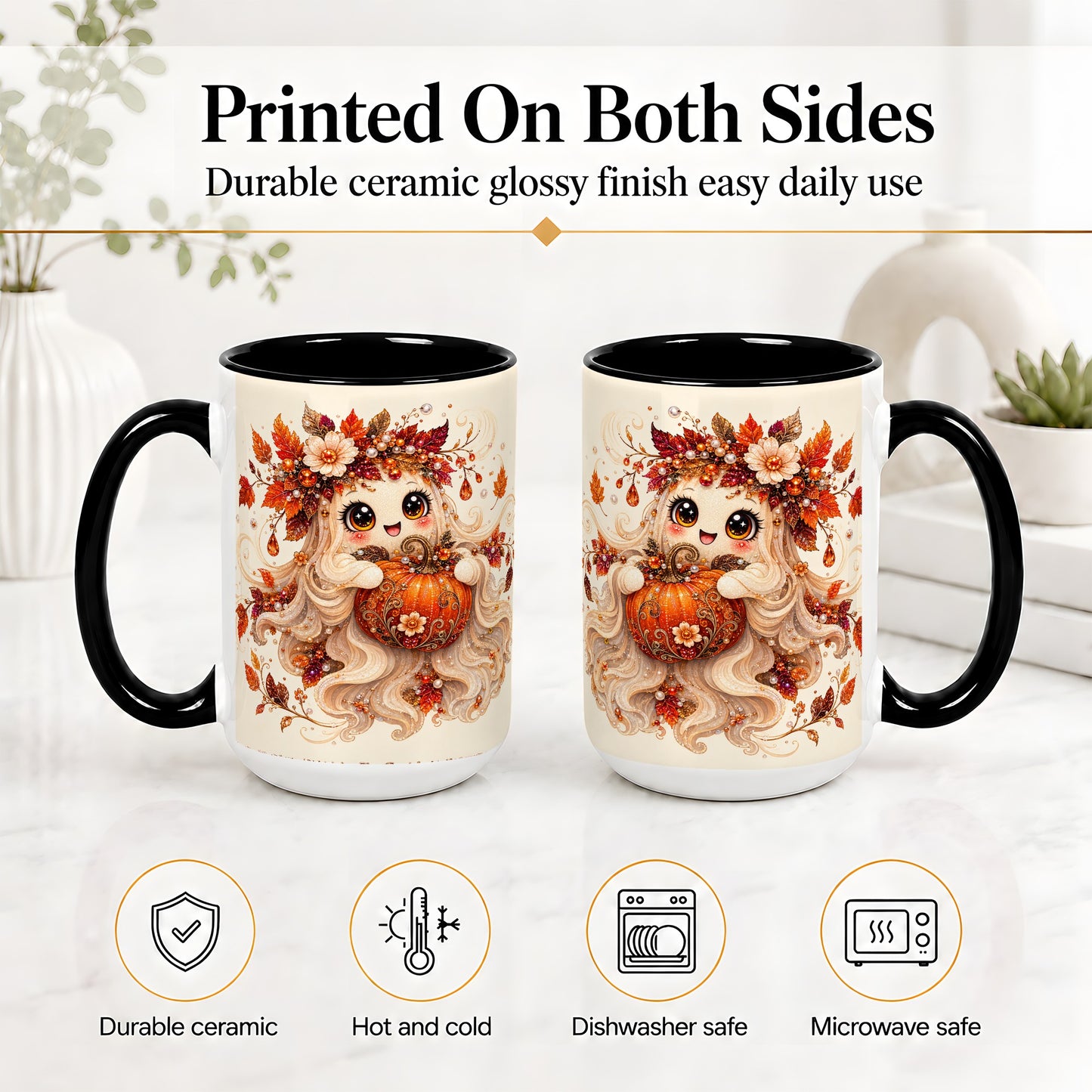 #pl[15oz|Black] Autumn Ghost Accent Mug, Ceramic Mug with Jeweled Pumpkin Artwork