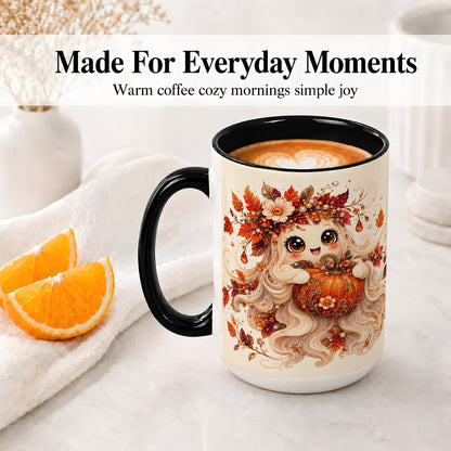 #pl[15oz|Black] Autumn Ghost Accent Mug, Ceramic Mug with Jeweled Pumpkin Artwork