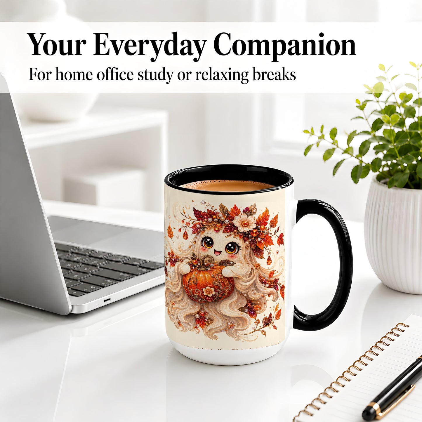 #pl[15oz|Black] Autumn Ghost Accent Mug, Ceramic Mug with Jeweled Pumpkin Artwork