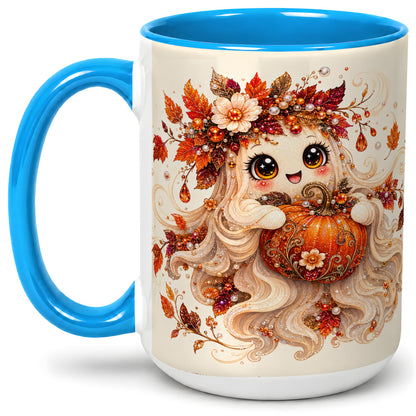 #pl[15oz|Blue] Autumn Ghost Accent Mug, Ceramic Mug with Jeweled Pumpkin Artwork