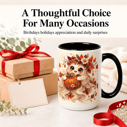 #pl[15oz|Black] Autumn Ghost Accent Mug, Ceramic Mug with Jeweled Pumpkin Artwork