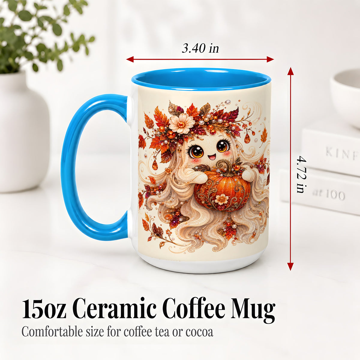 #pl[15oz|Blue] Autumn Ghost Accent Mug, Ceramic Mug with Jeweled Pumpkin Artwork