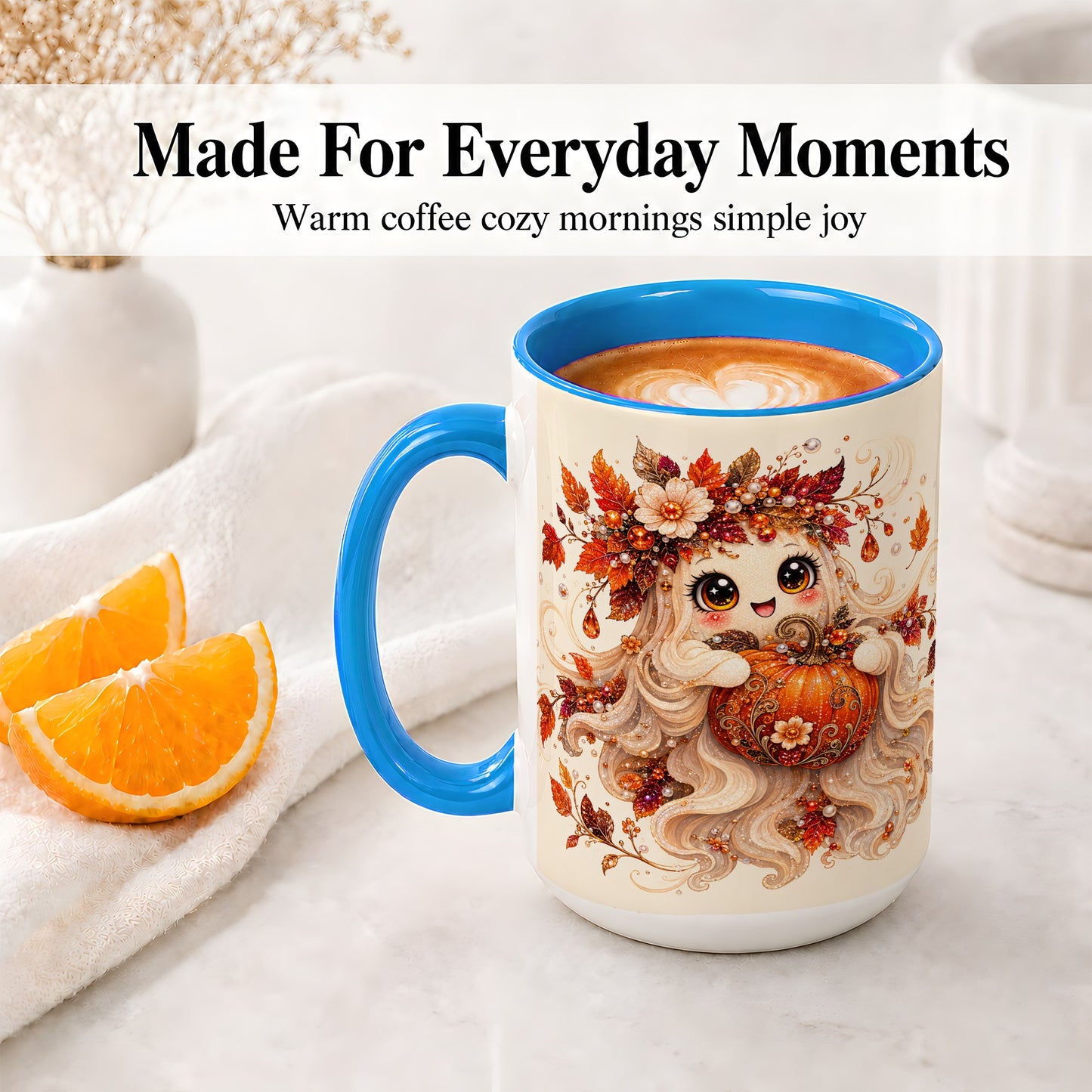 #pl[15oz|Blue] Autumn Ghost Accent Mug, Ceramic Mug with Jeweled Pumpkin Artwork