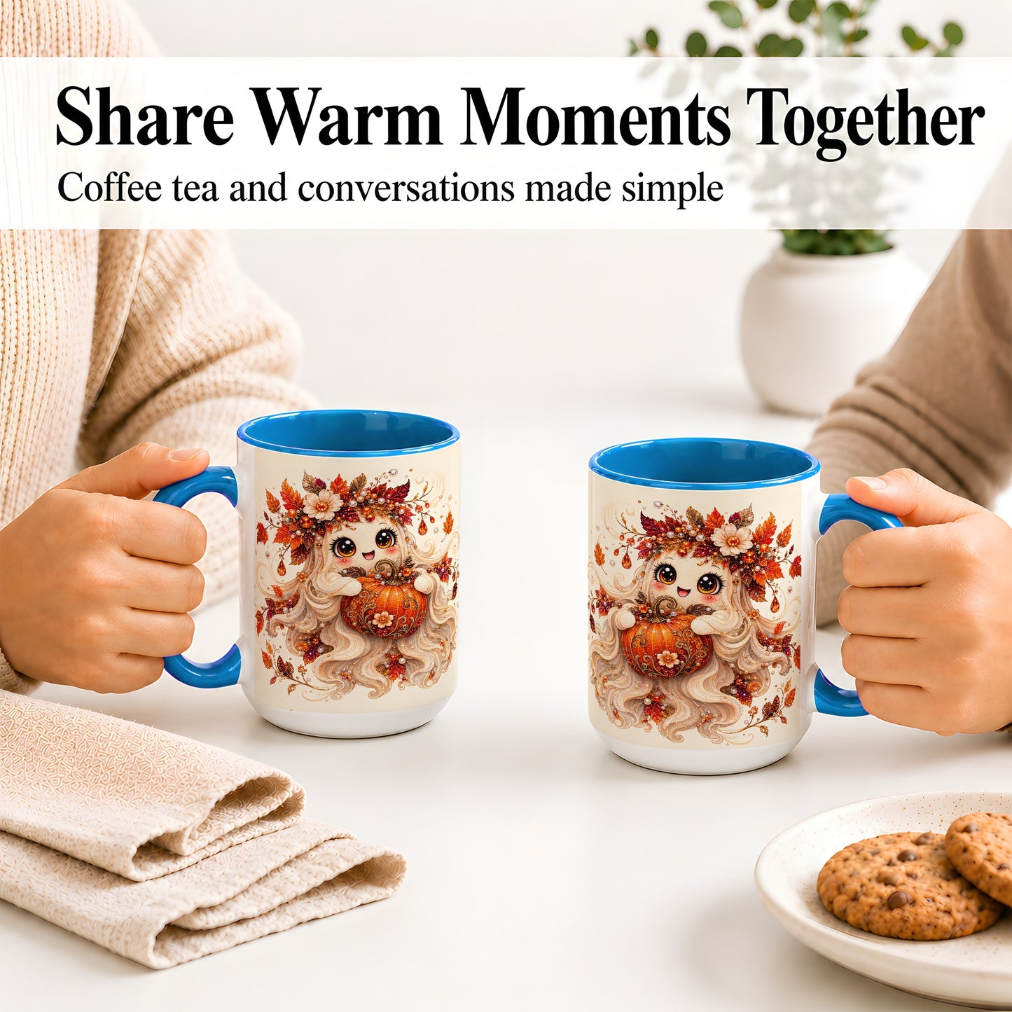 #pl[15oz|Blue] Autumn Ghost Accent Mug, Ceramic Mug with Jeweled Pumpkin Artwork