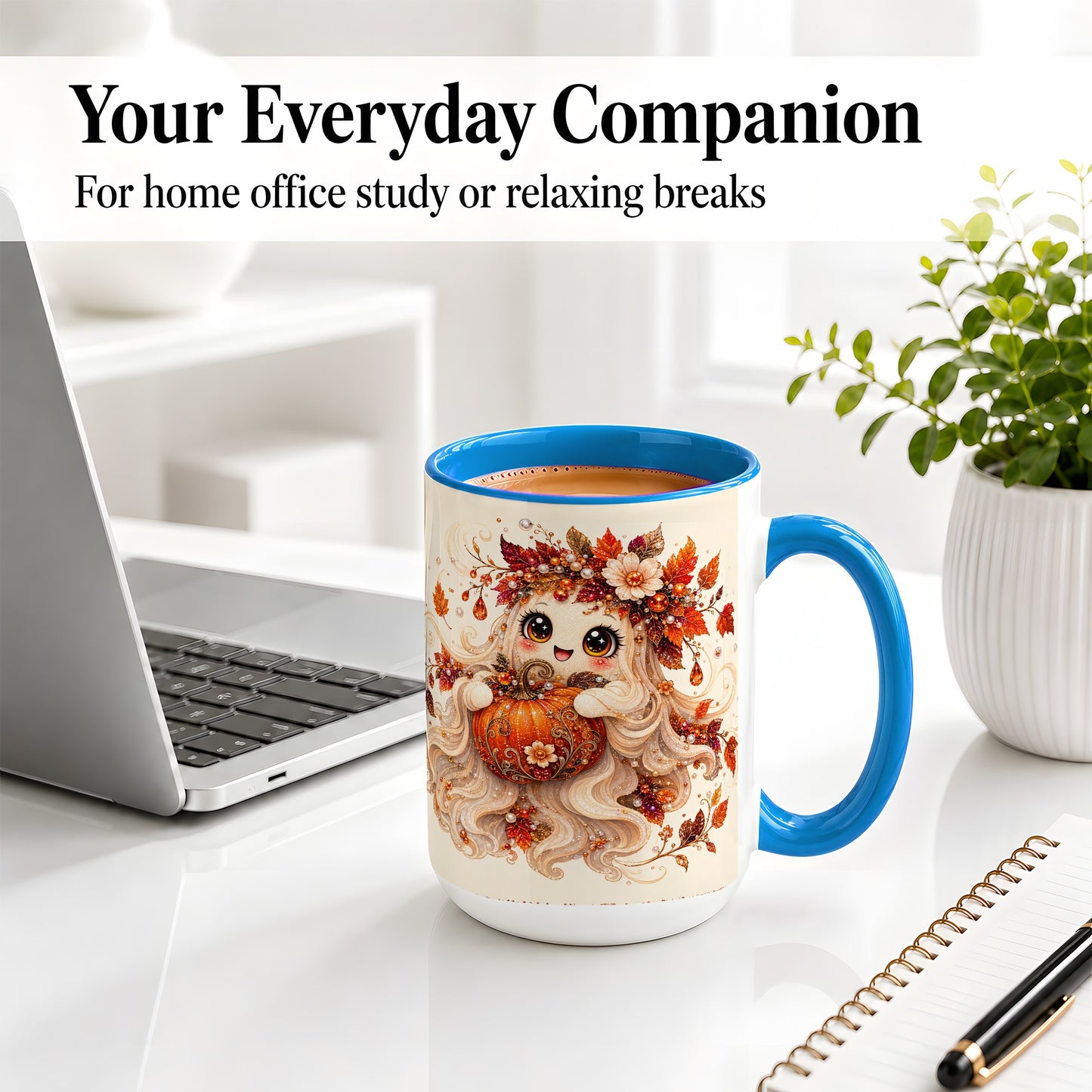 #pl[15oz|Blue] Autumn Ghost Accent Mug, Ceramic Mug with Jeweled Pumpkin Artwork