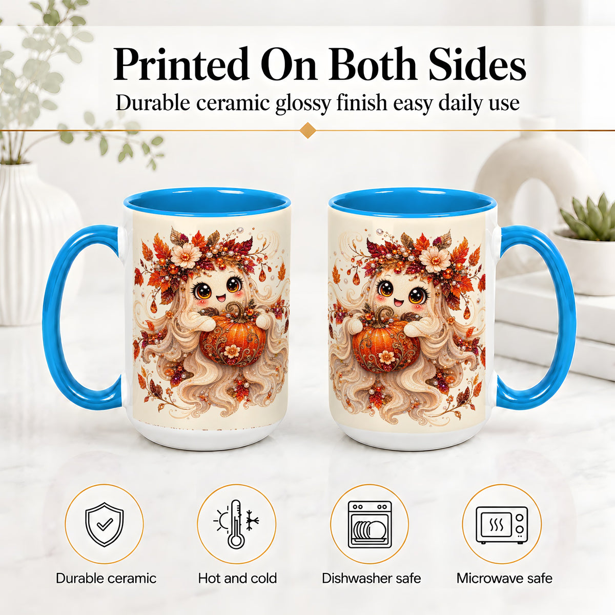 #pl[15oz|Blue] Autumn Ghost Accent Mug, Ceramic Mug with Jeweled Pumpkin Artwork