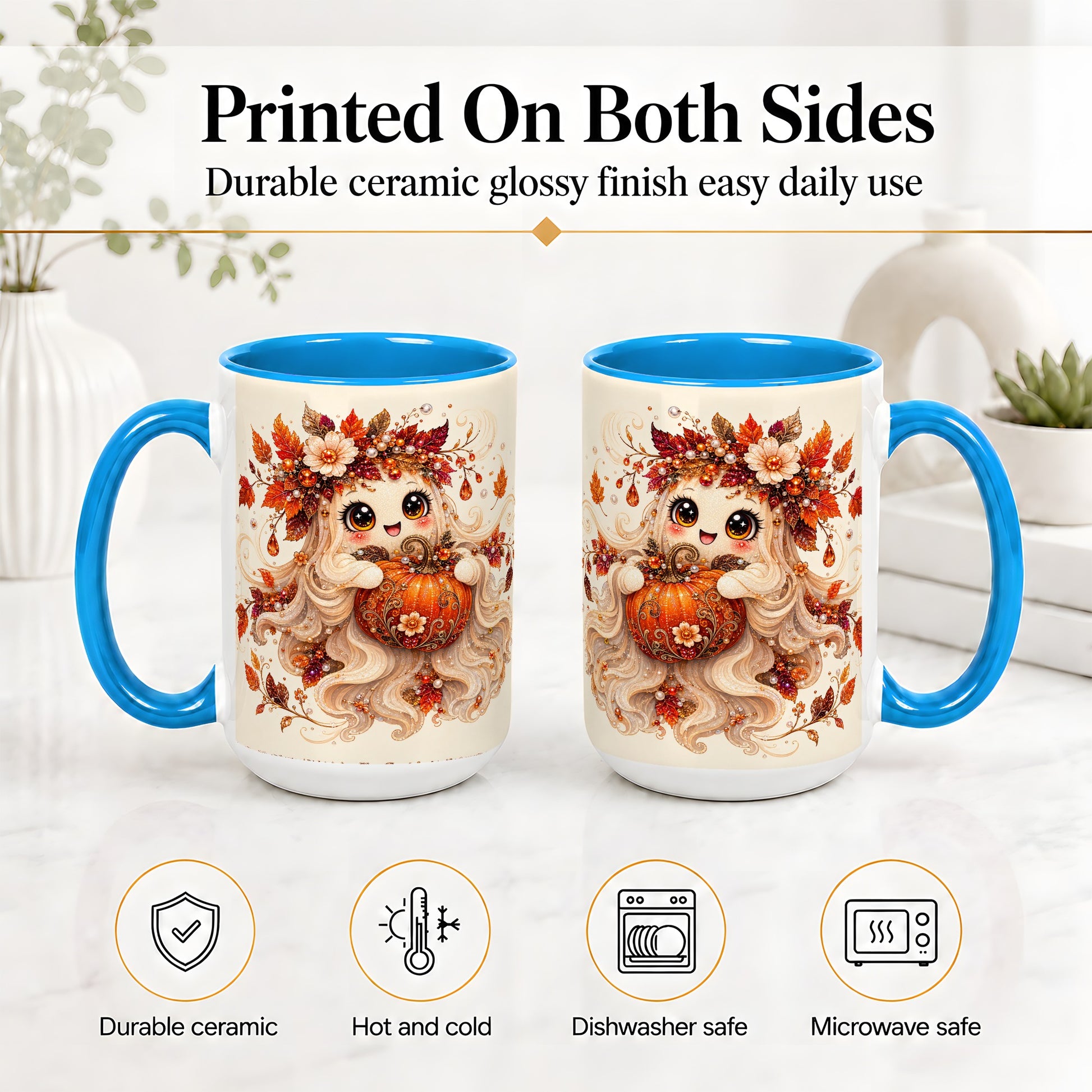 #pl[15oz|Blue] Autumn Ghost Accent Mug, Ceramic Mug with Jeweled Pumpkin Artwork