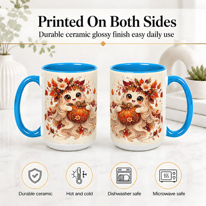 #pl[15oz|Blue] Autumn Ghost Accent Mug, Ceramic Mug with Jeweled Pumpkin Artwork