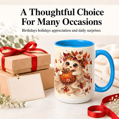 #pl[15oz|Blue] Autumn Ghost Accent Mug, Ceramic Mug with Jeweled Pumpkin Artwork