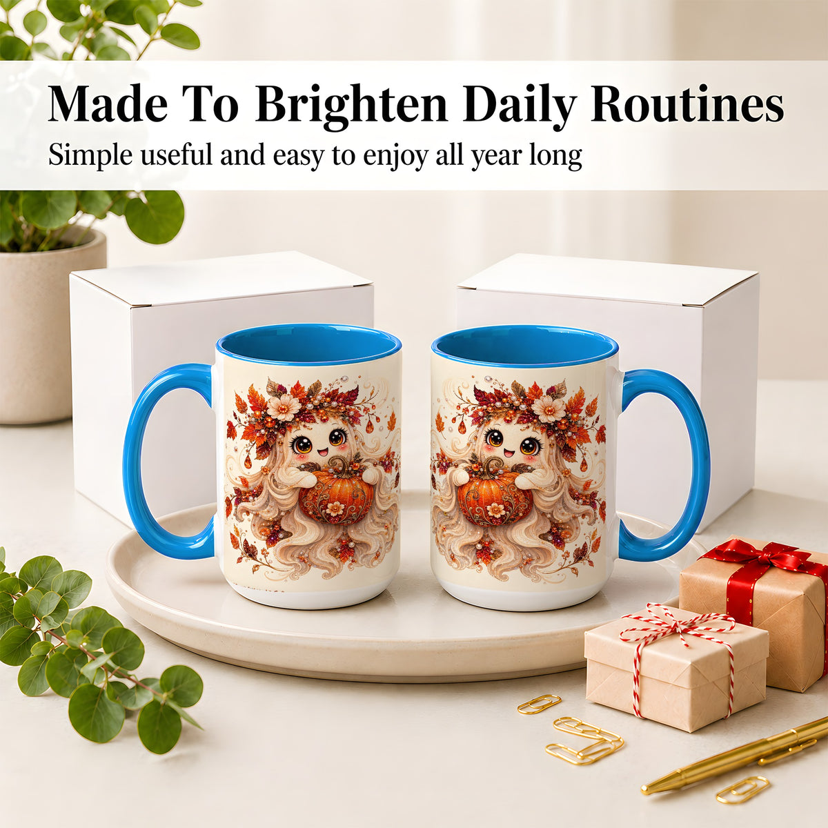 #pl[15oz|Blue] Autumn Ghost Accent Mug, Ceramic Mug with Jeweled Pumpkin Artwork