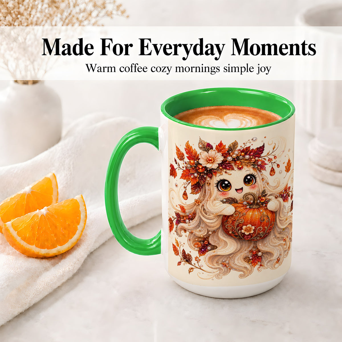 #pl[15oz|Green] Autumn Ghost Accent Mug, Ceramic Mug with Jeweled Pumpkin Artwork