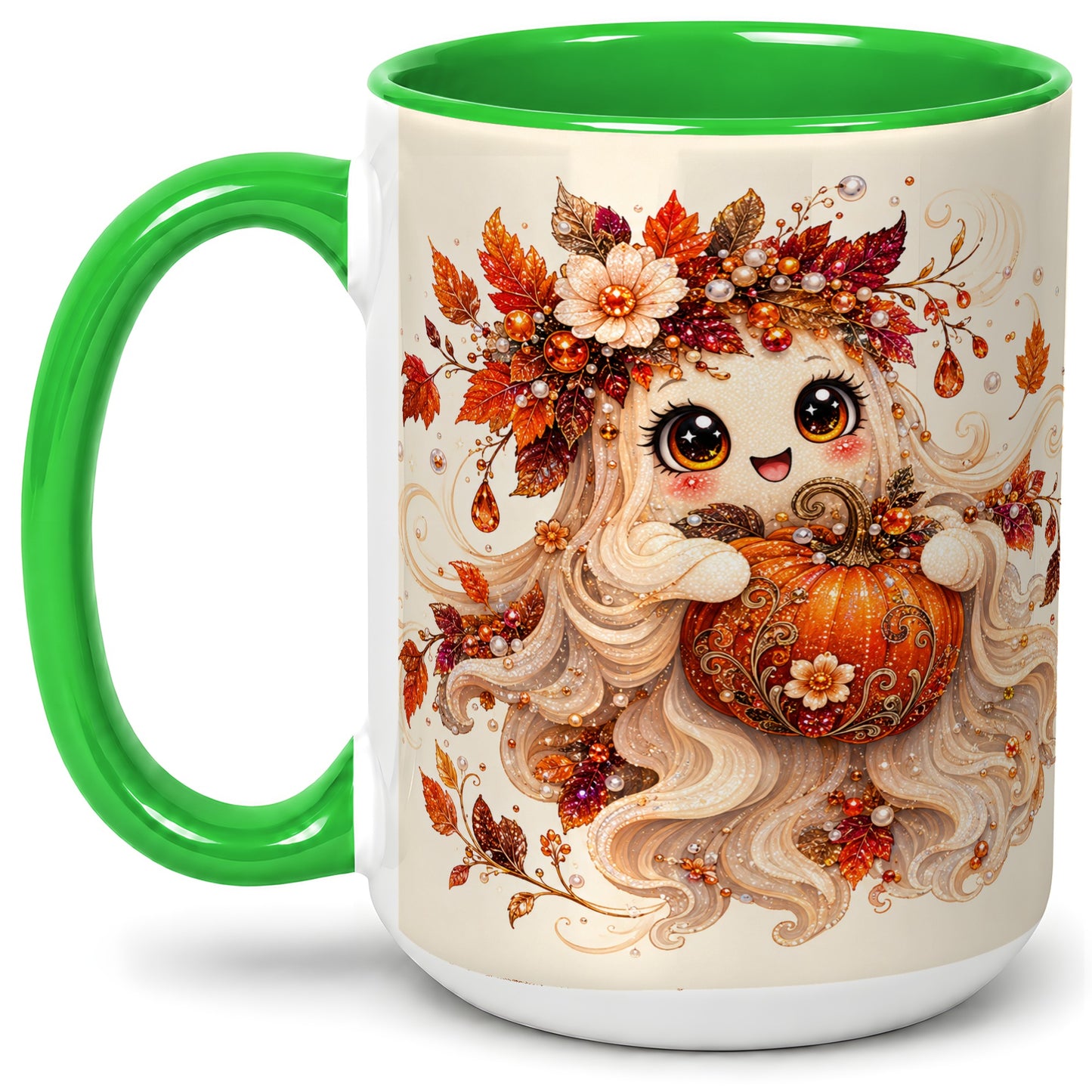 #pl[15oz|Green] Autumn Ghost Accent Mug, Ceramic Mug with Jeweled Pumpkin Artwork