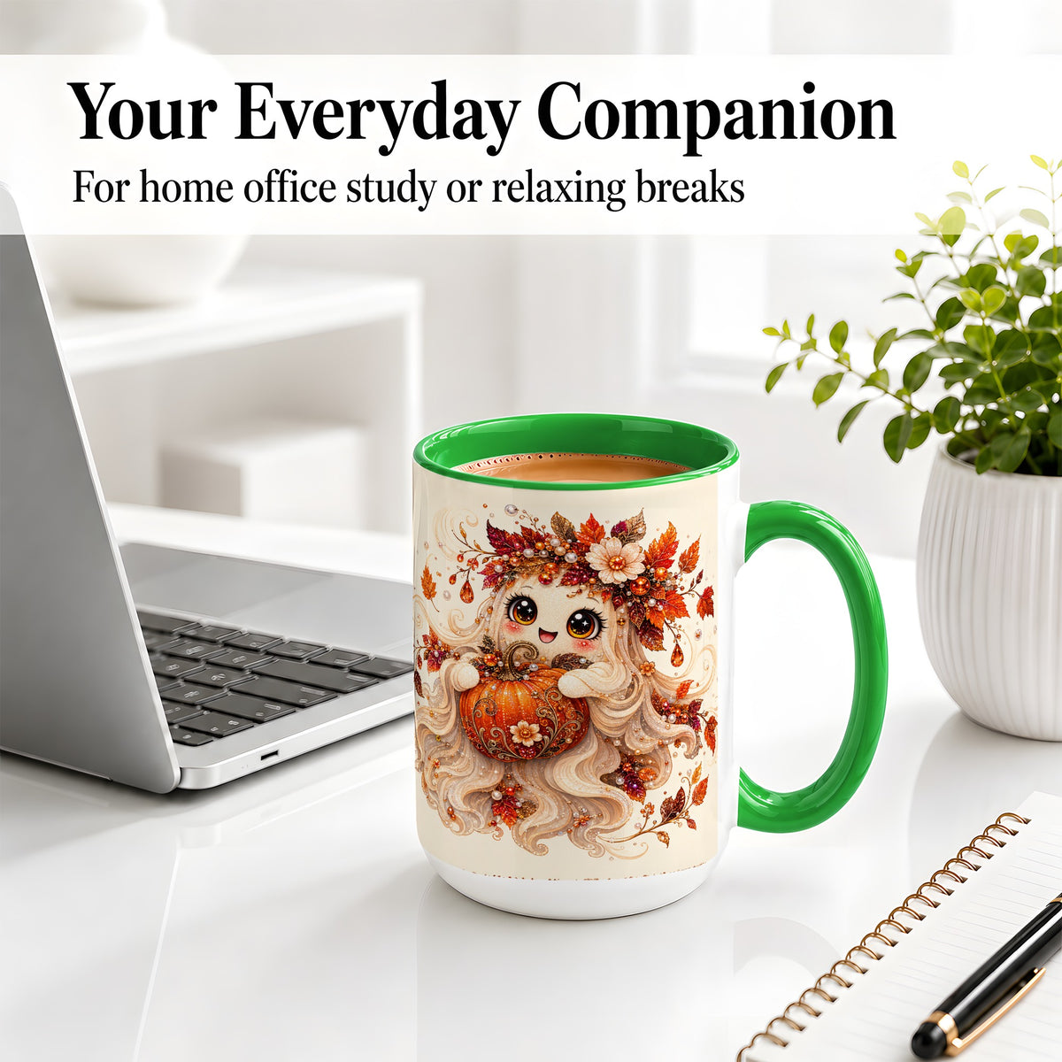 #pl[15oz|Green] Autumn Ghost Accent Mug, Ceramic Mug with Jeweled Pumpkin Artwork