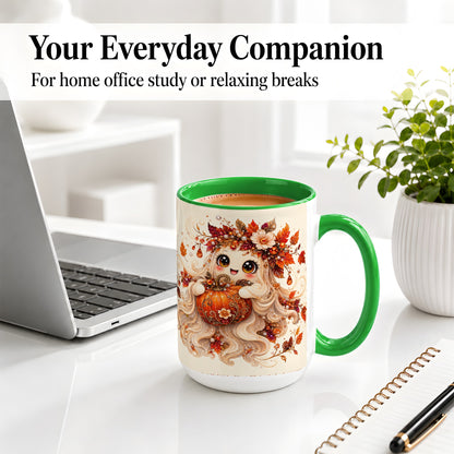 #pl[15oz|Green] Autumn Ghost Accent Mug, Ceramic Mug with Jeweled Pumpkin Artwork