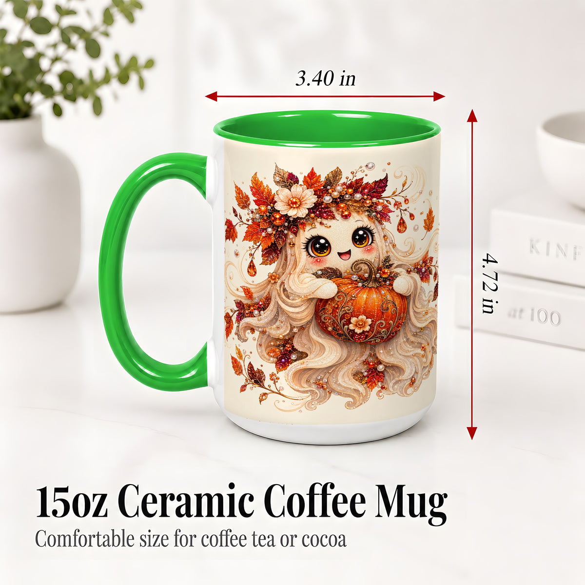 #pl[15oz|Green] Autumn Ghost Accent Mug, Ceramic Mug with Jeweled Pumpkin Artwork
