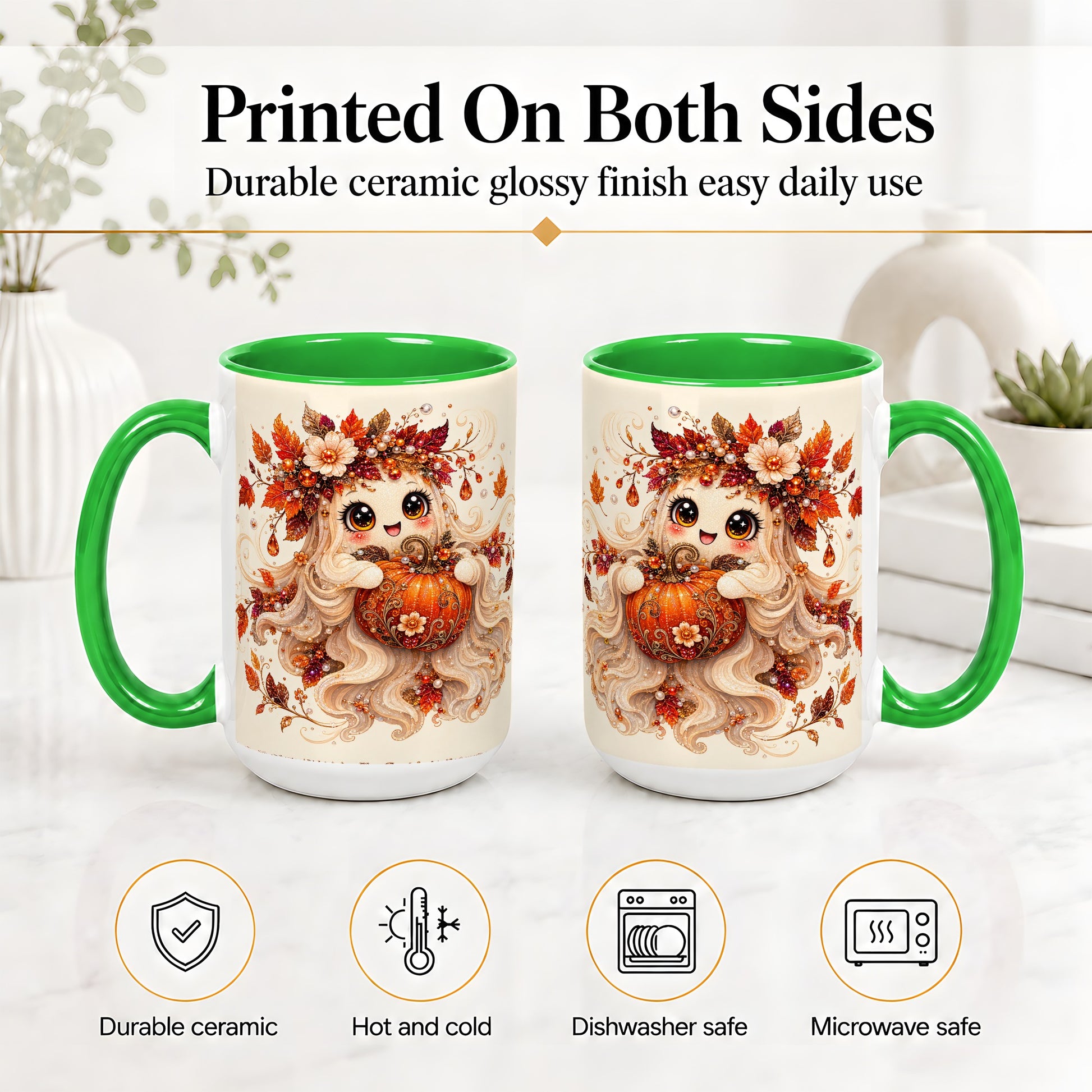 #pl[15oz|Green] Autumn Ghost Accent Mug, Ceramic Mug with Jeweled Pumpkin Artwork