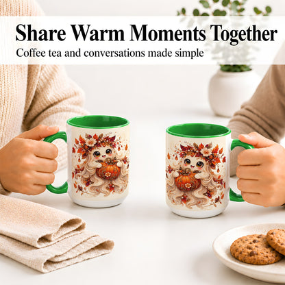 #pl[15oz|Green] Autumn Ghost Accent Mug, Ceramic Mug with Jeweled Pumpkin Artwork