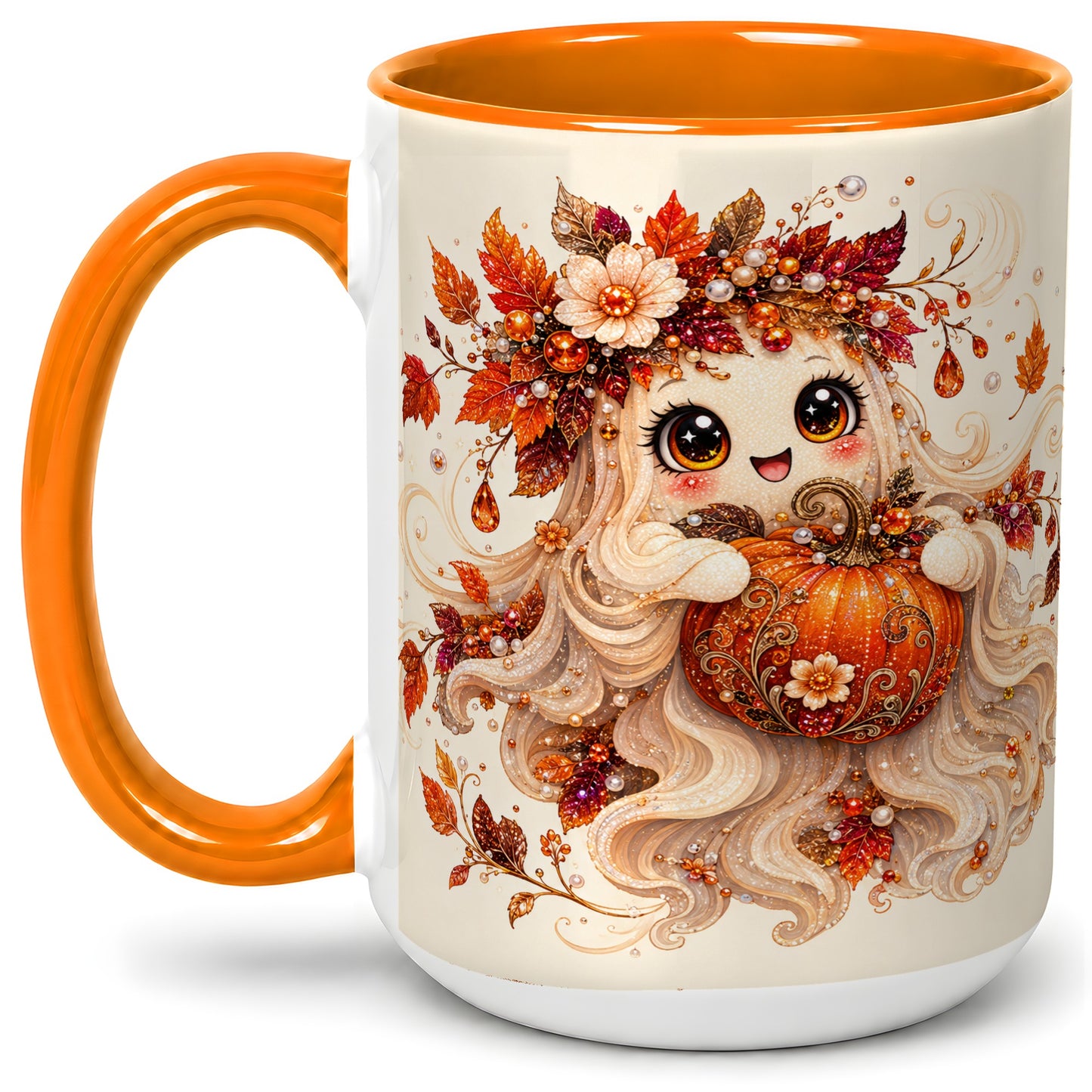#pl[15oz|Orange] Autumn Ghost Accent Mug, Ceramic Mug with Jeweled Pumpkin Artwork