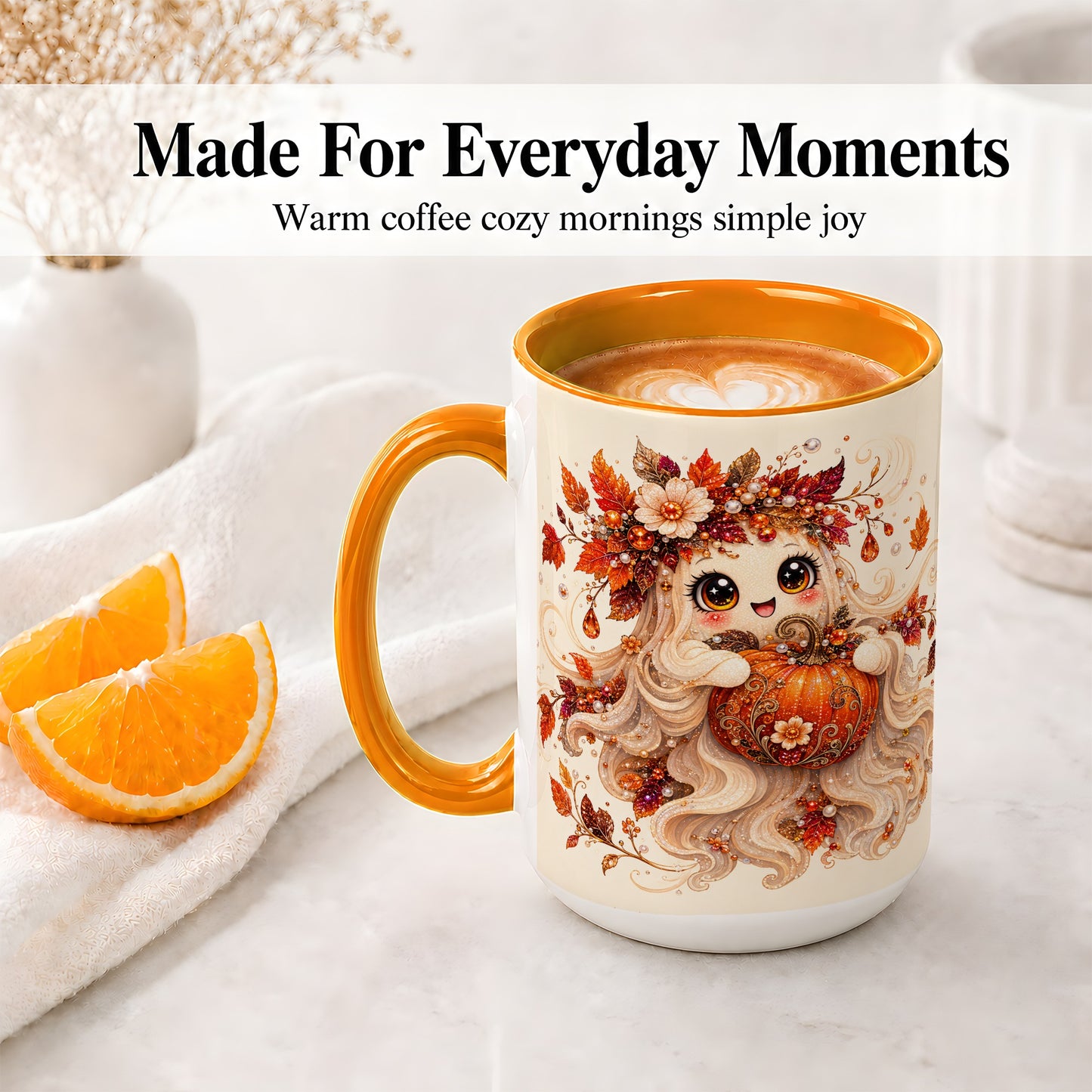 #pl[15oz|Orange] Autumn Ghost Accent Mug, Ceramic Mug with Jeweled Pumpkin Artwork